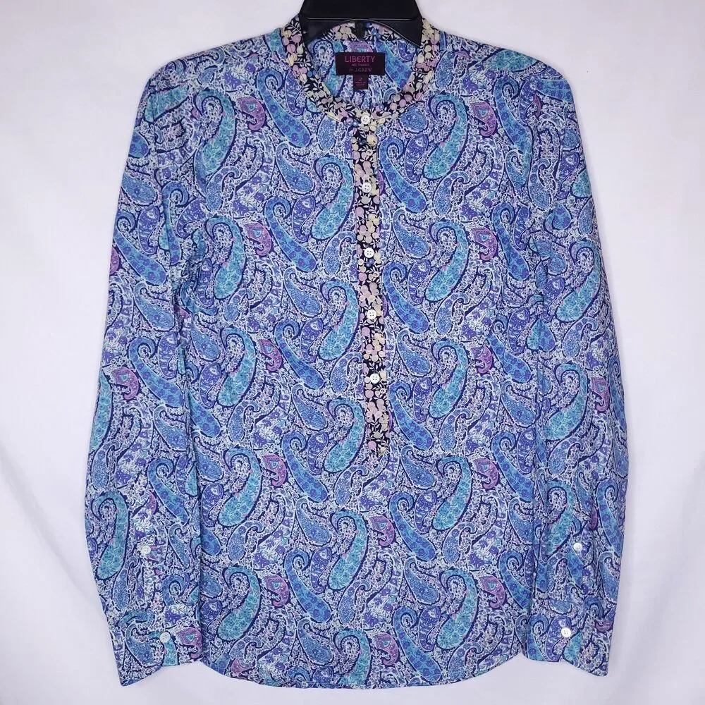 J Crew Liberty Shirt Womens 2 Paisley Blue Art Fabric Popover